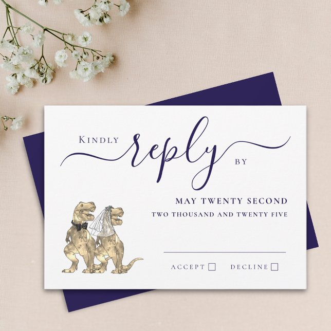 Casamento Temático de Dinossauros Resposta Azul Ma (Dinosaur theme wedding navy blue & white RSVP invitation Card T-Rex dino bride & groom elegant )