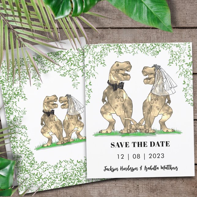 Casamento Temático de Dinossauros Salvar a Data (Dinosaur wedding save the date budget invitation T-Rex bride and groom Jurassic jungle foliage)