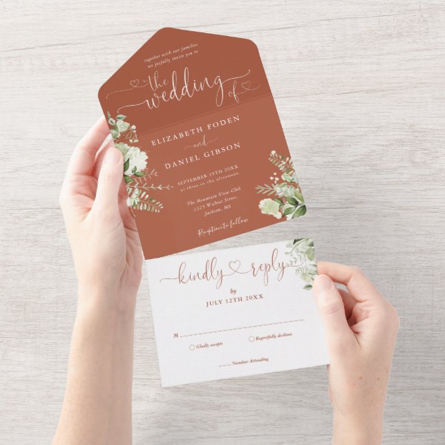 Casamento Terracota Floral Verde Script Corações (Aba destacável)