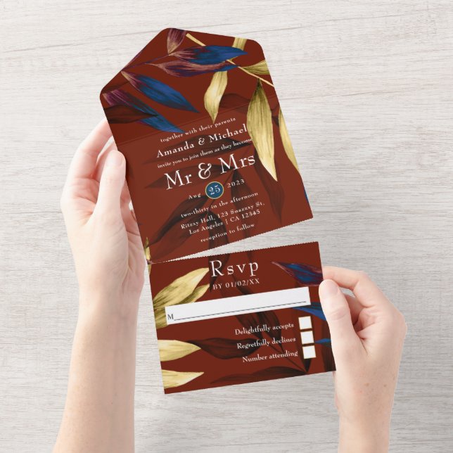 Casamento Tropical Burgundy, Navy e Dourado (Aba destacável)