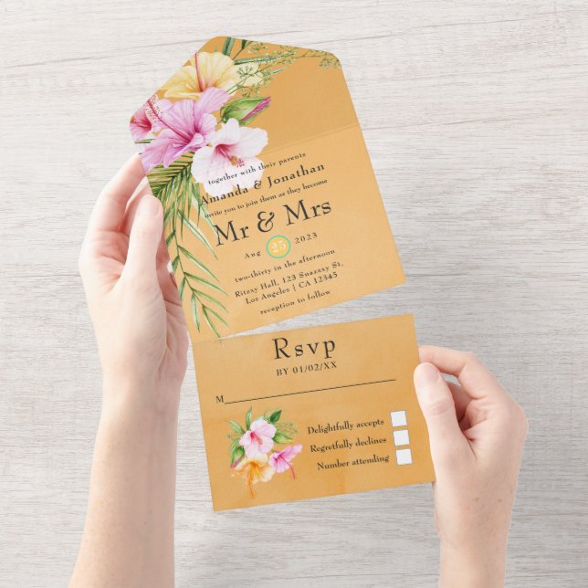 Casamento Tropical Floral à Beira-Mar com Aquarela (Aba destacável)