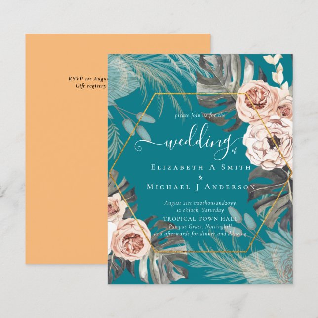 Casamento TROPICAL GRASS PAMPAS de baixo custo (Frente/Verso)