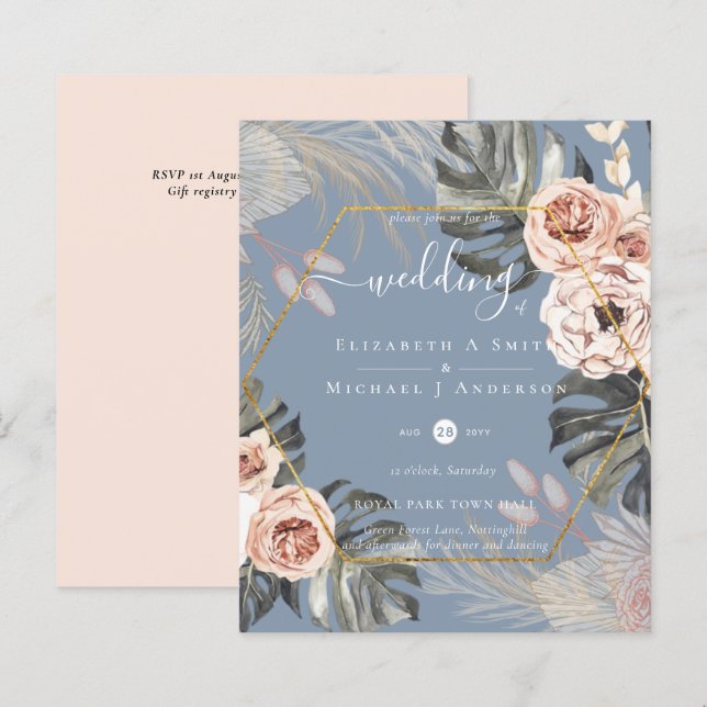 Casamento TROPICAL GRASS PAMPAS de baixo custo (Frente/Verso)