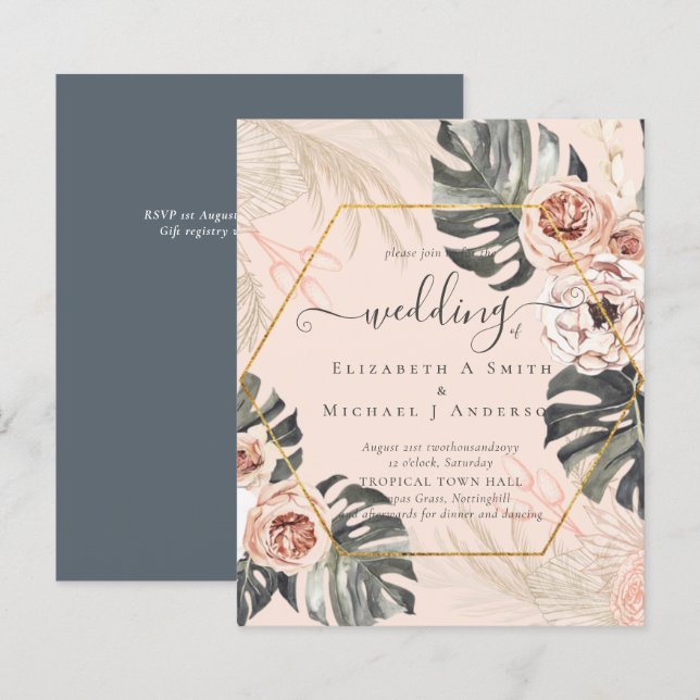 Casamento TROPICAL GRASS PAMPAS de baixo custo (Frente/Verso)