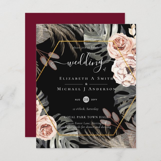 Casamento TROPICAL GRASS PAMPAS de baixo custo (Frente/Verso)