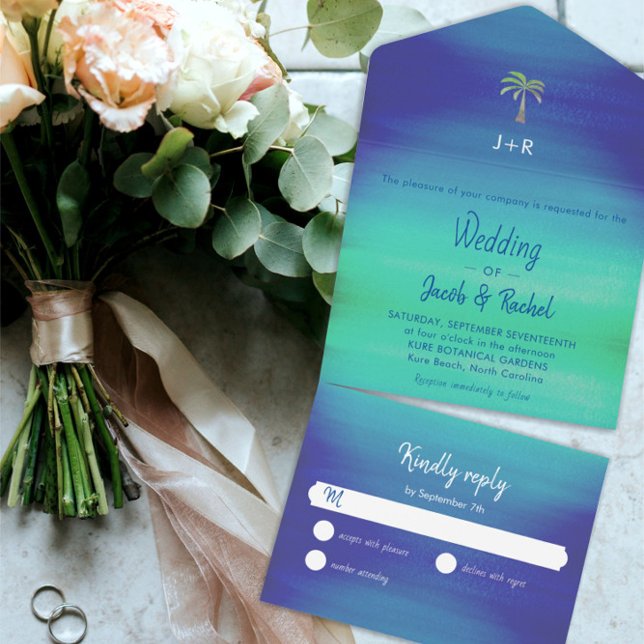 Casamento Tropical Palm Muted Blue Beach Ocean (Criador carregado)