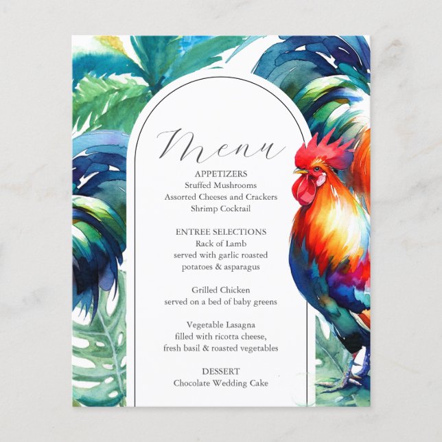 Casamento Tropical Rooster de Casamento Menus (Frente)