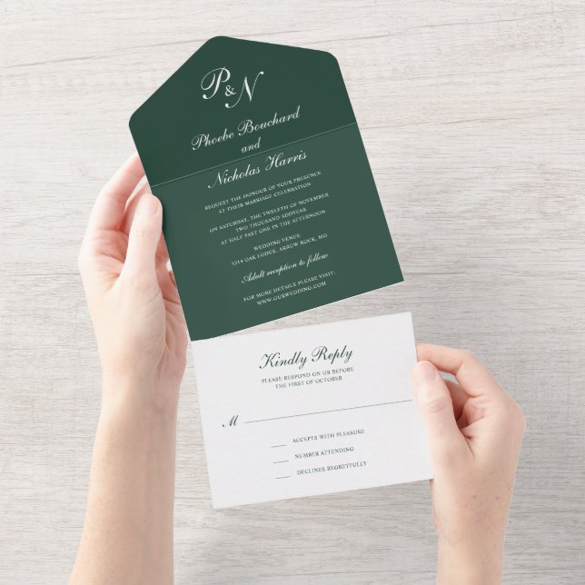 Casamento Verde da Floresta Elegante Simples Monog (Aba destacável)