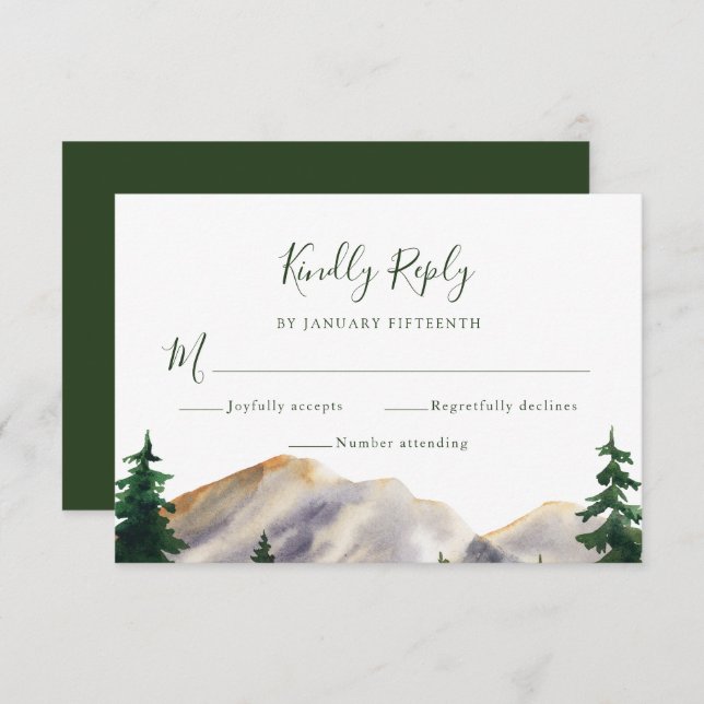 Casamento Verde da RSVP Watercolor Rustic Mountain (Frente/Verso)