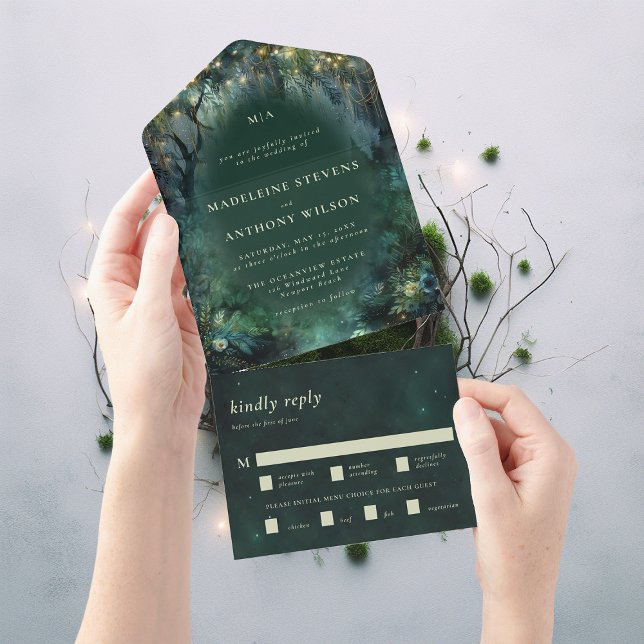 Casamento Verde de Fairytale Florestal Encantada (enchanted forest woodland wedding invitation emerald hunter green gold all in one seal send)