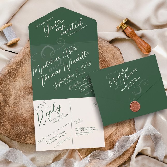 Casamento Verde de Moisés Escuro Elegante (Elegant classic slant script all in one dark moss emerald green wedding invitation, rsvp postcard)