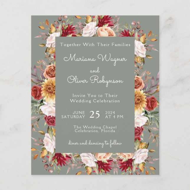 Casamento Verde de Sábado Floral Moderno de Queda  (Frente)