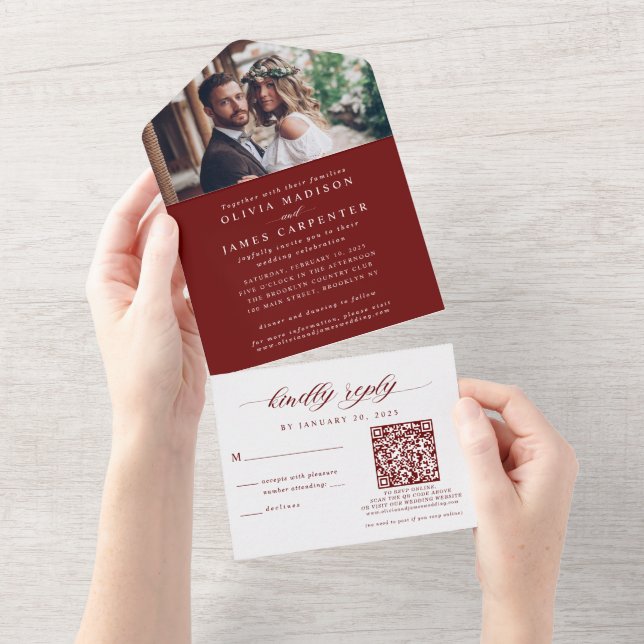 Casamento Vermelho Burgundy com Código QR RSVP de  (Aba destacável)