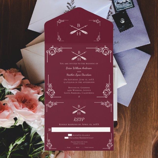 Casamento Vermelho Vinho Monograma e Flechas (Wine Monogram and Arrows Wedding All in One Invitation)