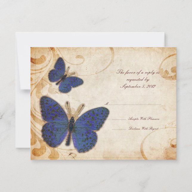 Casamento vintage de Borboletas Azul RSVP (Frente)