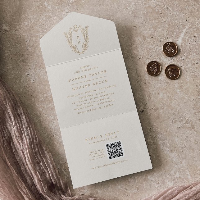 Casamento vintage Dourado Elegante do Código QR DA (DAPHNE QR Code Elegant Cream Gold Vintage Wedding All In One Invitation)