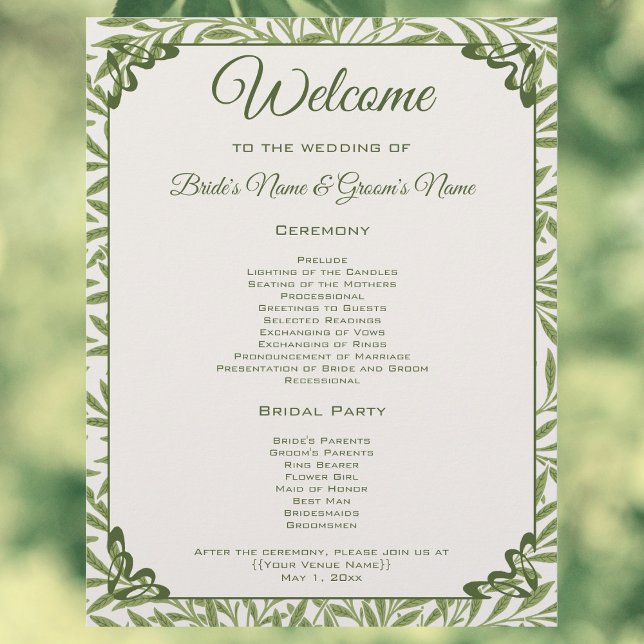 Casamento Vintage, Programa de Folhas de Salgueiro (Vintage Wedding, Victorian Willow Leaves Pattern by William Morris Wedding Day Program)