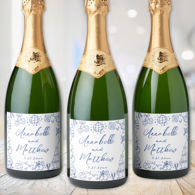 Casamento Whimsical Azul Desenhado À Mão (Hand Drawn Blue Whimsical Wedding Sparkling Wine Label)