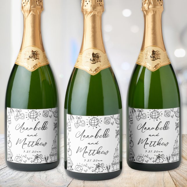 Casamento Whimsical Desenhado à Mão (Hand Drawn Whimsical Wedding Sparkling Wine Label)