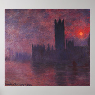 Casas de Monet do parlamento no poster do por do