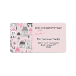 Casas de Vintage na Etiqueta de Natal Rosa