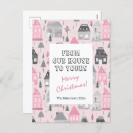 Casas de Vintage no Cartão de Posto de Natal Rosa