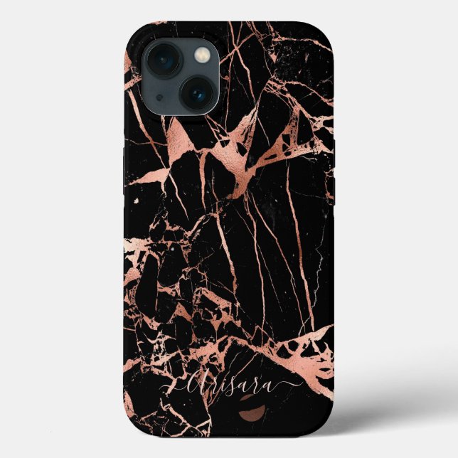 Caso PixDezines Black Marble Faux Rose Gold Veins (Verso)