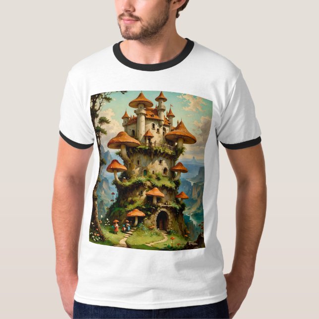 Castelo de Fantasy Mushroom em Cliffside T-Shirt (Frente)