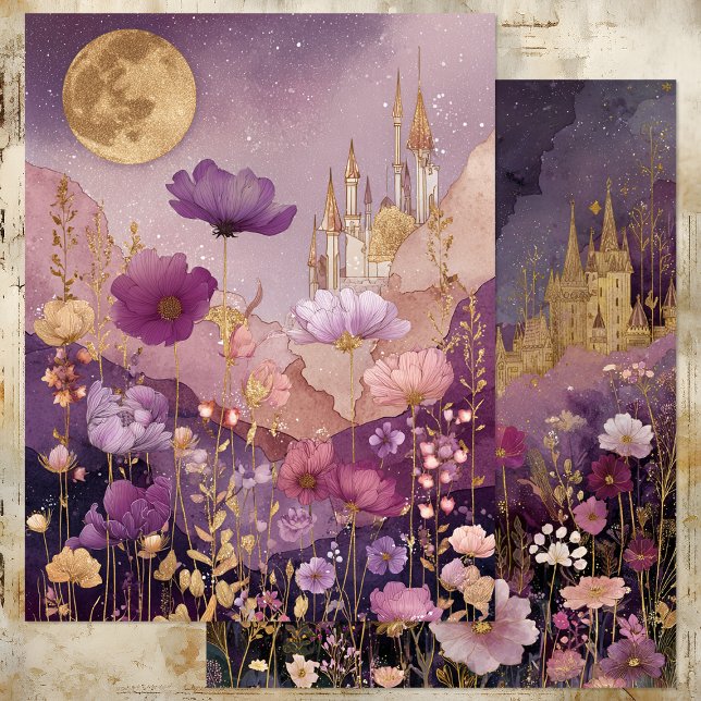 CASTELO ENCANTADO NA FOLHA DE PAPEL DE SOMBRAS (ENCHANTED CASTLE IN PURPLE MEADOW PAPER SHEET)