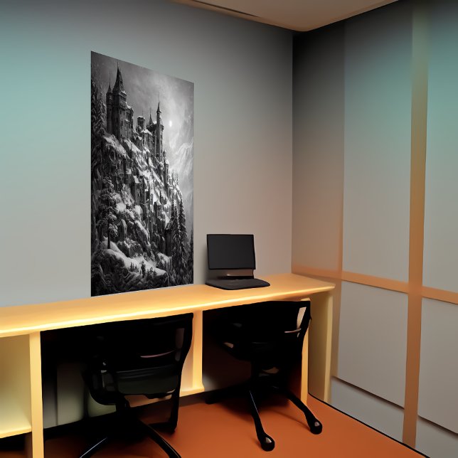 Castelo na montanha, com neve | AI Art Poster (Criador carregado)