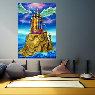 Castelo na rocha perto do mar AI Art Poster