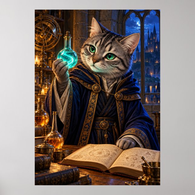 Cat Alchemist Fantasy Wizard Wall Art Poster (Frente)
