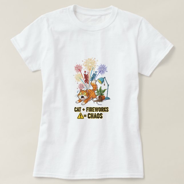 Cat + Fireworks = Caos - T-Shirt Engraçado Proprie (Frente do Design)