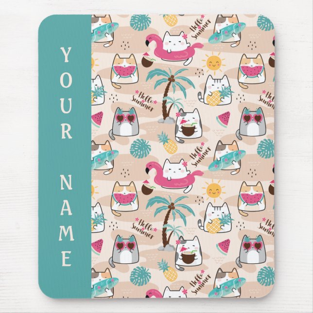 Cat Hello Summer Beach Gatinho Vacing Mouse Pad (Frente)