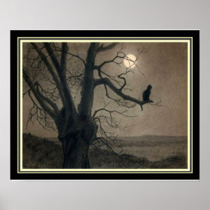 "Cat in the Moonlight" Art Nouveau Impressão