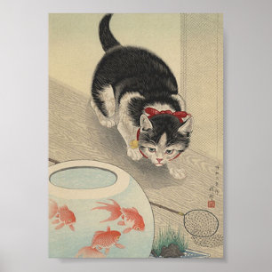 Cat Looking at Fish Japanese Vintage Animal Poster