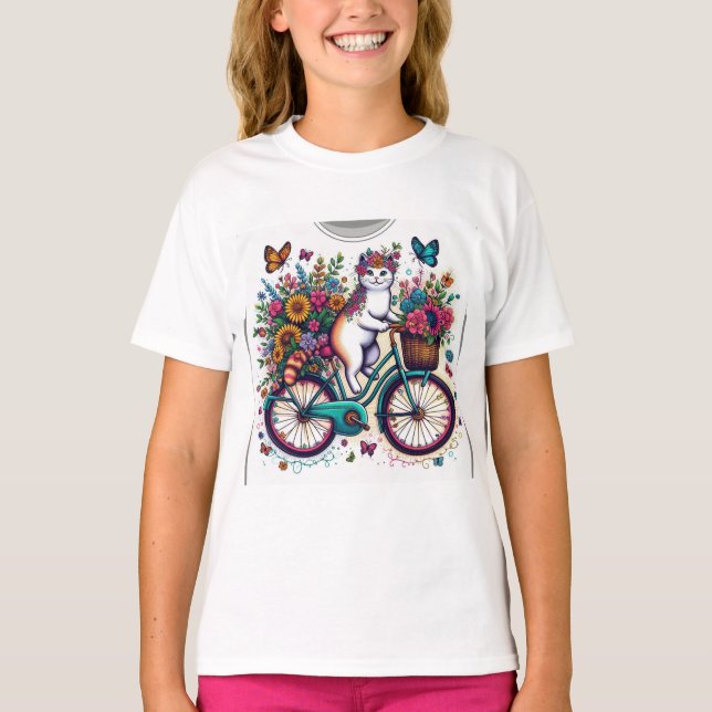 Cat on Bicycle Design T-Shirt (Frente)