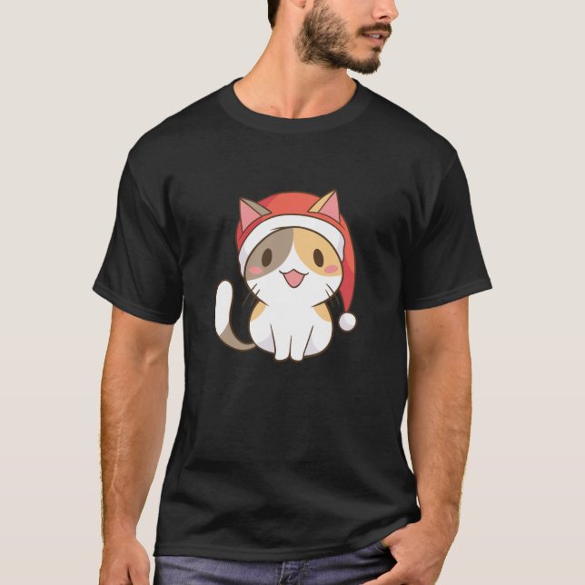 Cat Santa Hat Engraçado Camisa De Natal (Frente)