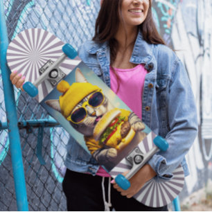 Cat Sunglass Cheeseburger Engraçado Skateboard