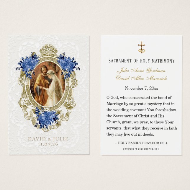 Catholic Blue Floral Gold Wedding Holy Card (Frente & Verso)