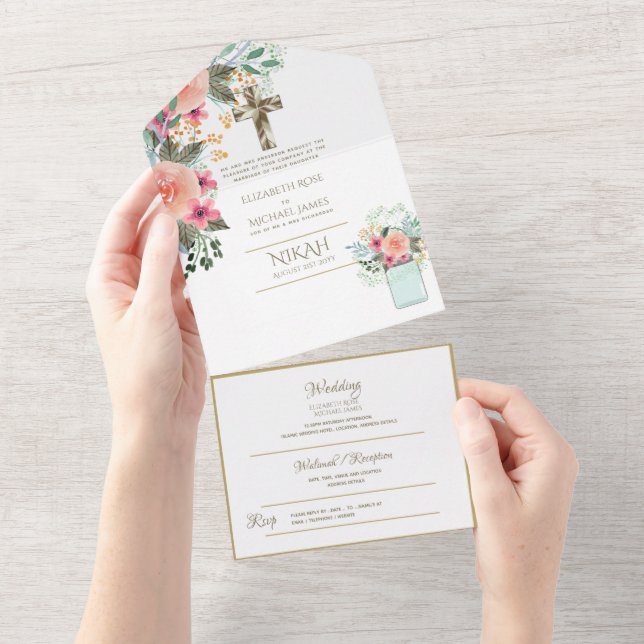 Católica Casamento Floral Convites Cruz Moderna (Aba destacável)