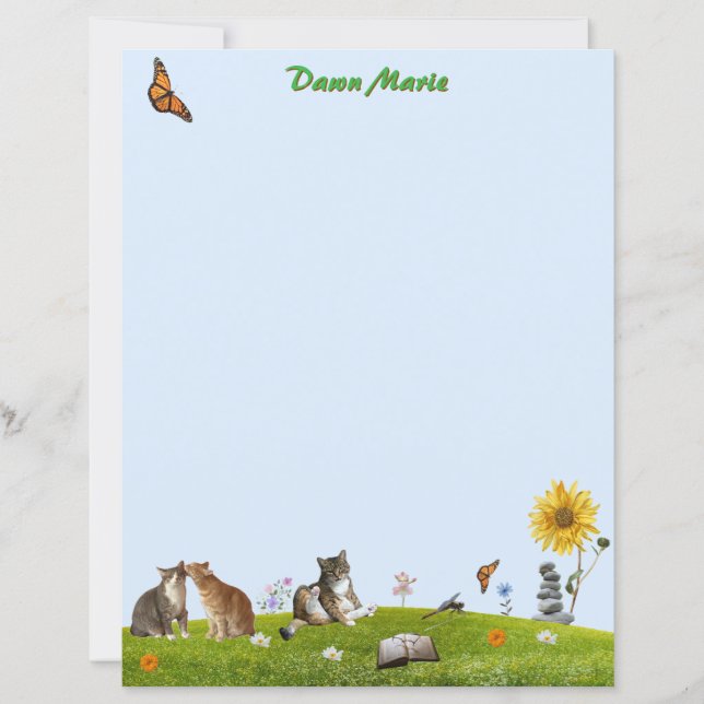Cats, Flowers, and Butterflies Stationery (Frente)