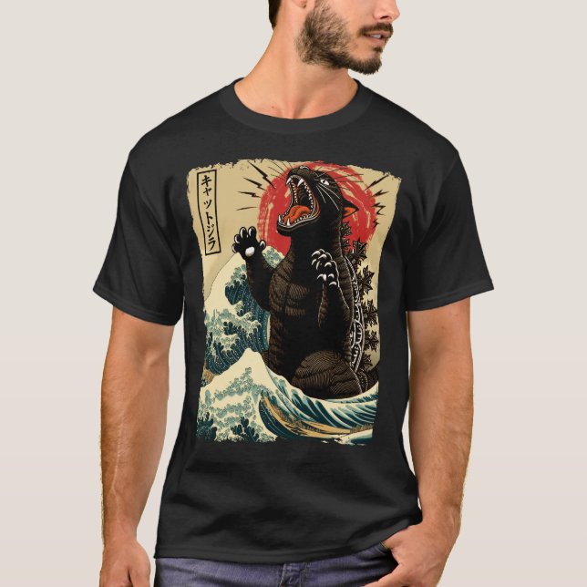 Catzilla Engraçado Estilo Japonês T-Shirt (Frente)