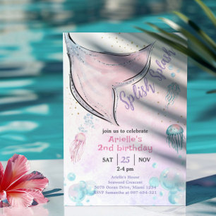 Cauda de sereia em aquarela rosa e roxo Convite