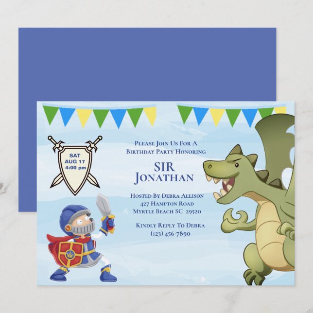 Cavaleiro Em Convite de aniversário De Dragão Arma (Frente/Verso)