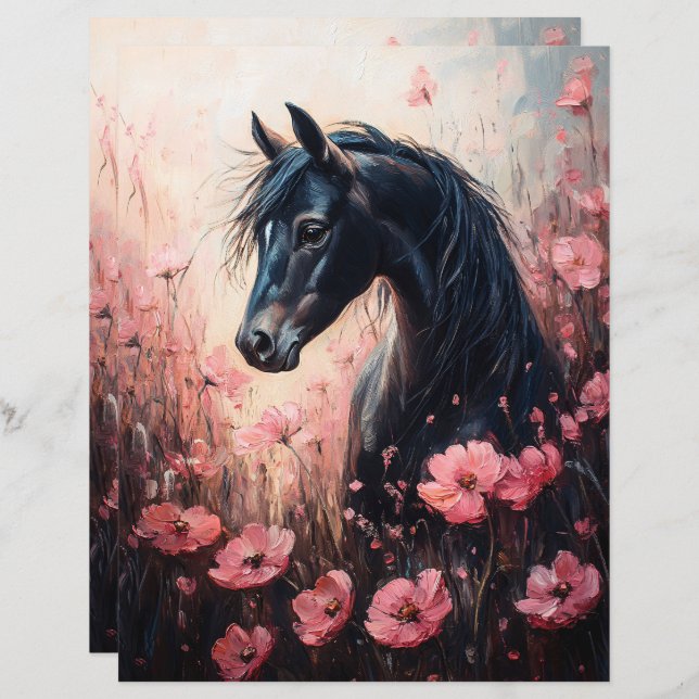 Cavalo com Flores Selvagens Cor-de-Rosa Esbranquiç (Frente/Verso)