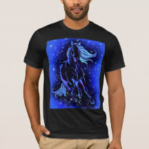 Cavalo Correndo T-Shirt Azul Lua Azul Noite Estrel