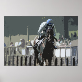 Cavalo De Corrida Com Jockey Em Poster Azul