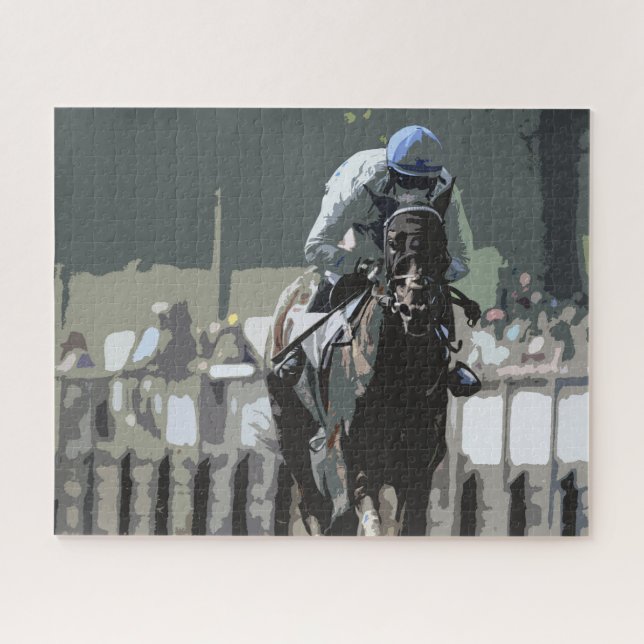 Cavalo De Corrida Com Jockey Na Quebra-cabeça Azul (Horizontal)