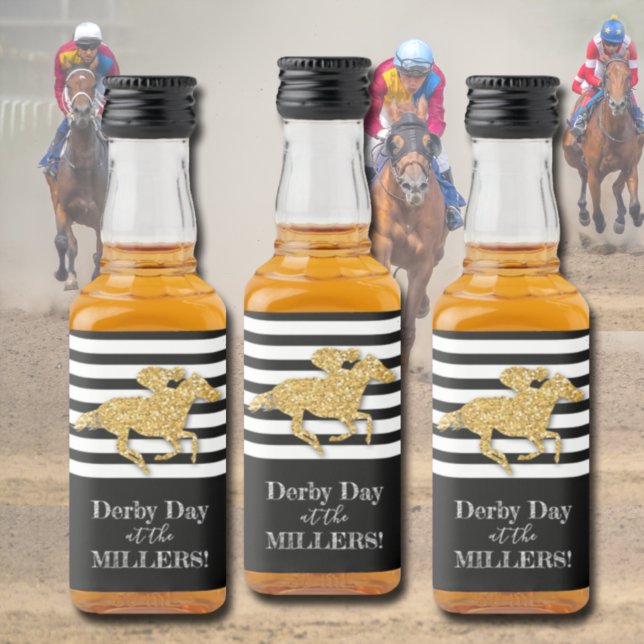 Cavalo de Corrida Dourada com Lágrimas Falsas em E (Derby gold faux glitter racehorse on black and white stripes mini liquor bottle labels)